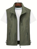 kkboxly  Zipper Pockets Cargo Vest, Men's Casual Outwear Stand Collar Zip Up Vest For Spring Summer Outdoor Fishing Photography