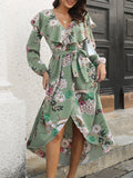 kkboxly  Bohemian Floral Print Belted Dress, Elegant V Neck Long Sleeve Dress, Casual Every Day Dress, Women's Clothing