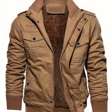 kkboxly  Warm Plush Fleece Cotton Jacket, Men's Casual Zipper Pockets Stand Collar Jacket Coat For Fall Winter