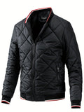 kkboxly  Men's Argyle Pattern Puffer Coat With Zipper Pocket, Casual Stand Collar Zip Up Slim Fit Warm Jacket For Outdoor Winter