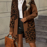 kkboxly  Zebra & Leopard Pattern Open Front Cardigan, Vintage Long Sleeve Hooded Sweater, Women's Clothing