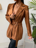 Lapel Tie Front Blazer, Casual Solid Long Sleeve Work Office Outerwear, Women's Clothing
