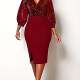 kkboxly  Elegant Skinny Shiny Dress, Long Sleeve V-neck Dress For Party & Banquet, Women's Clothing