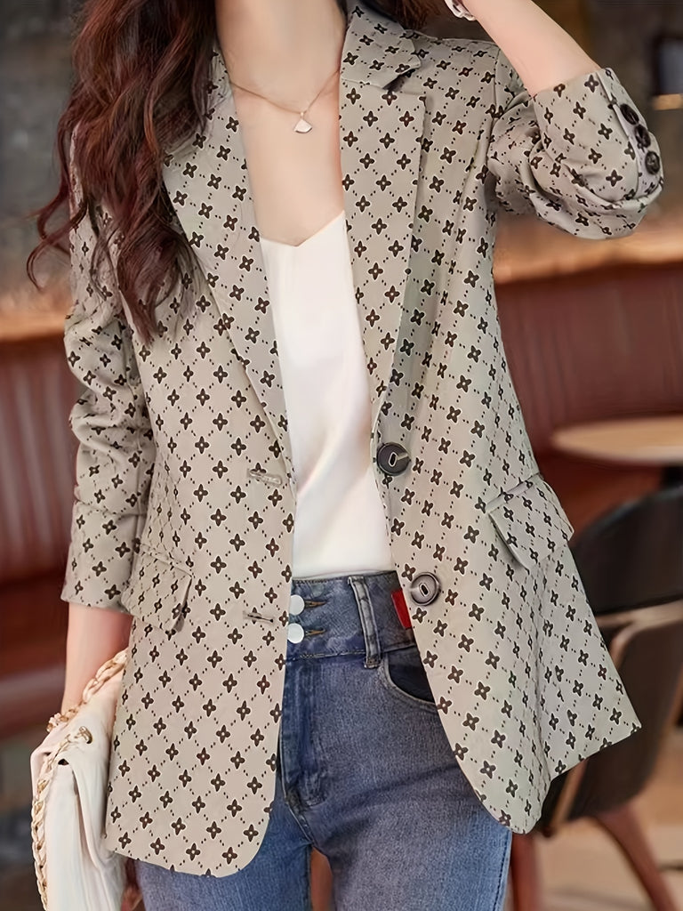 Allover Print Lapel Blazer, Casual Single Breasted Long Sleeve Outerwear, Women's Clothing