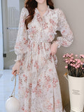 kkboxly  Floral Print Bow Tie Long Sleeve Ruffled Dress, Elegant Tunic High Waist Maxi Dress, Women's Clothing