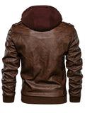 kkboxly  Men's PU Leather Hooded Pockets Zipper Long Sleeves Jackets
