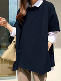 kkboxly  Plus Size Casual Knit Top, Women's Plus Solid Short Sleeve Round Neck Split Hem Loose Knit Top