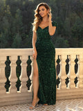 realaiot  Sequined Split Thigh Dress, Elegant Maxi Dress For Party & Banquet, Women's Clothing