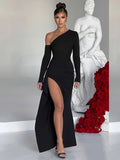 kkboxly  Split Thigh Solid Dress, Elegant Slanted Shoulder Long Sleeve Maxi Dress, Women's Clothing