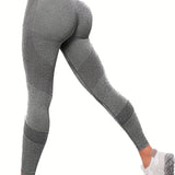 kkboxly  Solid Stripes High Stretch Yoga Leggings, Seamless High Waist Quick Drying Casual Pants, Women's Activewear
