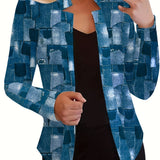 kkboxly  Patchwork Print Tops, Casual Open Front Long Sleeve Outerwear, Women's Clothing