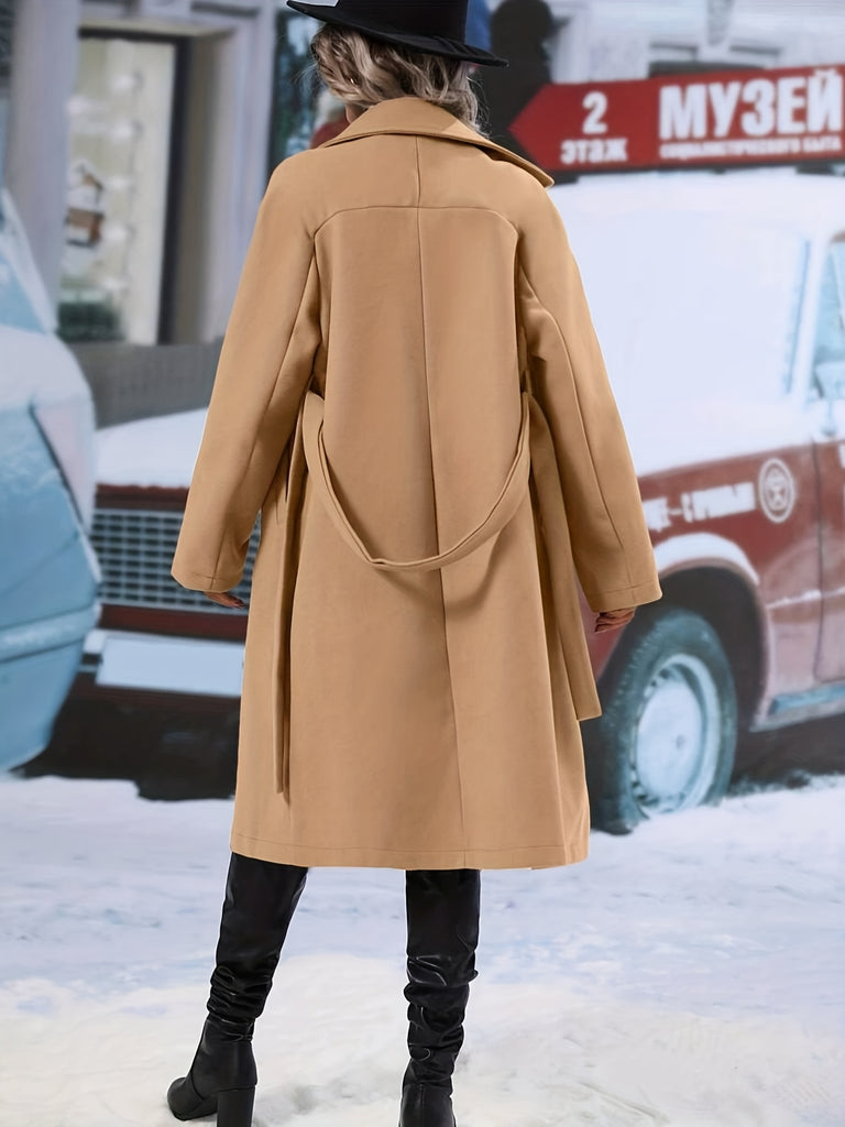 kkboxly  Solid Double Breasted Belted Overcoat, Versatile Long Sleeve Midi Length Thermal Winter Coat, Women's Clothing