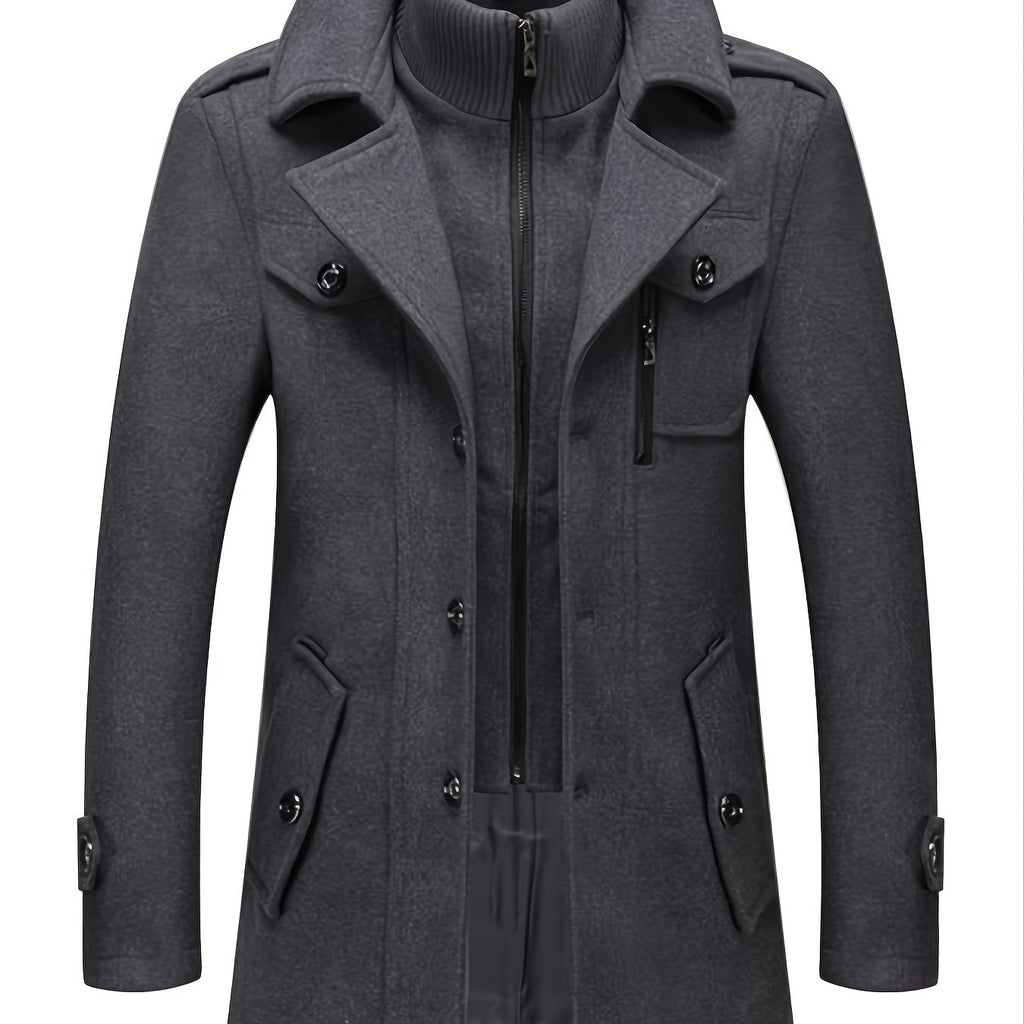 kkboxly Men's Stylish Woolen Coat: Double Collar Mid-length Jacket for Autumn/Winter Business Look