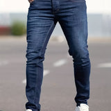 kkboxly Slim Fit Cotton Jeans, Men's Casual Solid Color Mid Stretch Denim Pants For Spring Summer