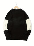 kkboxly  All Match Knitted Color Block Sweater, Men's Casual Warm High Stretch Crew Neck Pullover Sweater For Men Fall Winter