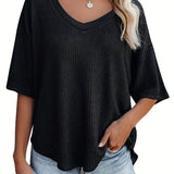 kkboxly  Solid Elegant V Neck T-Shirt, Drop Shoulder Casual Top For Summer & Spring, Women's Clothing