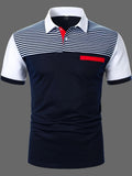 kkboxly  Stripe Pattern Casual Mid Stretch Button Up Short Sleeve Polo Shirt, Men's POLO For Summer