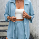 kkboxly Casual Matching Two-piece Set, Button Front Blouse & Drawstring Shorts Outfits, Women's Clothing
