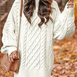 kkboxly  Solid Cable Knit Sweater, Casual Crew Neck Long Sleeve Sweater, Women's Clothing