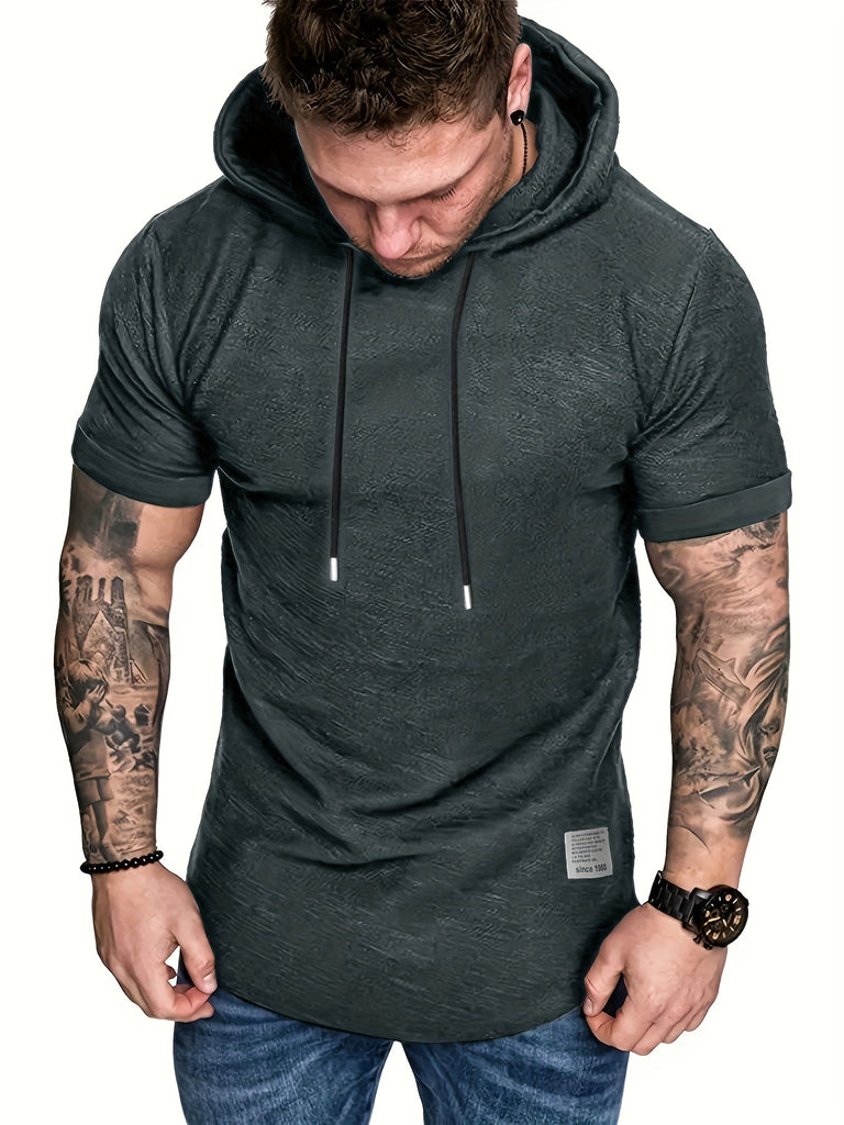kkboxly  Plus Size Men's Basic Short Sleeve Hooded T-shirt, Summer Comfy Tops With Drawstring