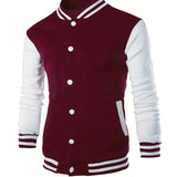 kkboxly  Trendy Varsity Jacket, Men's Casual Color Block Button Up Jacket For Spring Fall School Baseball