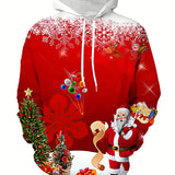 kkboxly  Christmas Elk& Santa Print Hoodie, Cool Hoodies For Men, Men's Casual Graphic Design Pullover Hooded Sweatshirt With Kangaroo Pocket Streetwear For Winter Fall, As Gifts