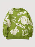 kkboxly  YWFG All Match Knitted Cute Rabbit & Wealth Chenille Embroidery Sweater, Men's Casual Warm Slightly Stretch Crew Neck Pullover Sweater For Men Fall Winter