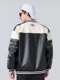 kkboxly  Men's Stylish Color Matching Embroidery Pattern PU Leather Jacket With Pockets, Casual Breathable Baseball Collar Button Up Long Sleeve Jacket For Spring Fall