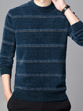 Men's Stylish Stripe Pattern Knitted Pullover, Casual Breathable Long Sleeve Crew Neck Top For City Walk Street Hanging Outdoor Activities