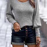 kkboxly  Solid Rib Knit T-shirt, Casual Crew Neck Long Sleeve T-shirt, Women's Clothing