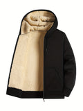 kkboxly  Solid Sherpa Lined Men's Hooded Jacket Casual Long Sleeve Hoodies With Zipper Gym Sports Hooded Coat For Winter Fall