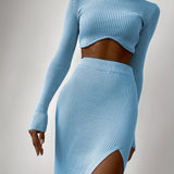 kkboxly  Ribbed Sexy Two-piece Set, Turtleneck Cropped Long Sleeve Tops & Split Skirts Outfits, Women's Clothing