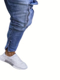 kkboxly  Slim Fit Flap Pocket Cargo Jeans, Men's Casual Solid Color Slightly Stretch Multi Pocket Denim Pants For Spring Summer