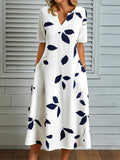kkboxly  Floral V Neck Short Sleeve Dress, Pocket Ruffled Maxi Casual Dress, Women's Clothing