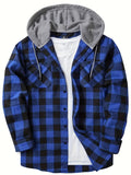 kkboxly  Classic Design Plaid Shirt Coat For Men Long Sleeve Casual Regular Fit Button Up Hooded Shirts Jacket