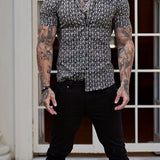 kkboxly  Men's Casual Cotton Argyle Pattern Print Short Sleeve Shirt, Male Hawaiian Shirt For Summer Beach Vacation