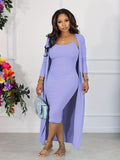 kkboxly  Casual Solid Ribbed Two-piece Dress Set, Long Sleeve Cardigan & Bodycon Cami Dress Outfits, Women's Clothing