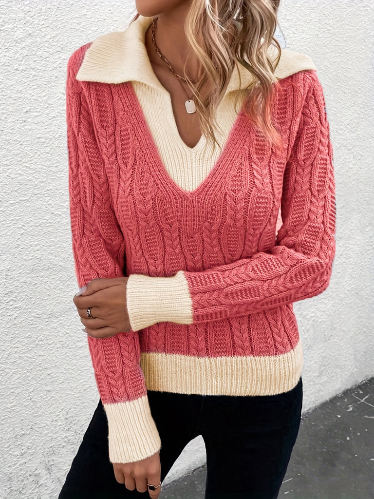 kkboxly  Color Block Cable Knit Pullover Sweater, Casual V Neck Long Sleeve Sweater, Women's Clothing