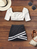 kkboxly  Casual Two-piece Skirt Set, Square Neck Crop Top & Color Block Skirt Outfits, Women's Clothing