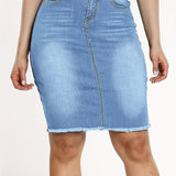 kkboxly  Blue Raw Hem Denim Skirt, Slim Fit Slash Pockets Mid-Stretch Denim Skirt, Women's Denim Clothing