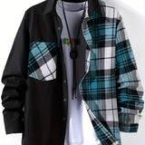 Men's Casual Cotton Stitch Plaid Button Up Shirt With Chest Pocket, Male Clothes For Spring And Fall