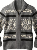 Plus Size Men's Band Collar Zipper Cardigan Color Matching Jacquard Long-sleeved Sweater