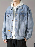 kkboxly  Men's Button Trendy Loose Denim Jacket, Men's Clothing For Spring Autumn