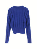 Solid Crew Neck Cable Knit Sweater, Casual Long Sleeve Pullover Sweater, Women's Clothing