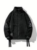 kkboxly kkboxly  Men's Fashion Lax Print Fleece Jacket, Casual Slightly Stretch Stand Collar Zip Up Windproof Warm Coat For Winter