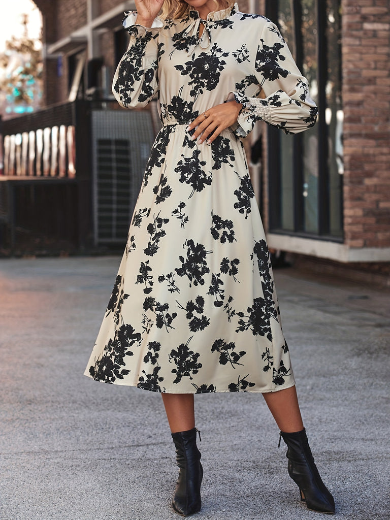 kkboxly  Floral Print Tie Front Dress, Elegant Cinched Waist Long Sleeve Dress, Women's Clothing
