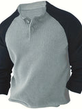 kkboxly  Color Block Men's Comfy Long Raglan Sleeve Round Neck Henley Shirt, Spring Fall Sports Top