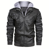 kkboxly  Men's PU Hooded Biker Jacket, Men's Casual Multi Pockets Stylish Faux Leather Jacket Coat