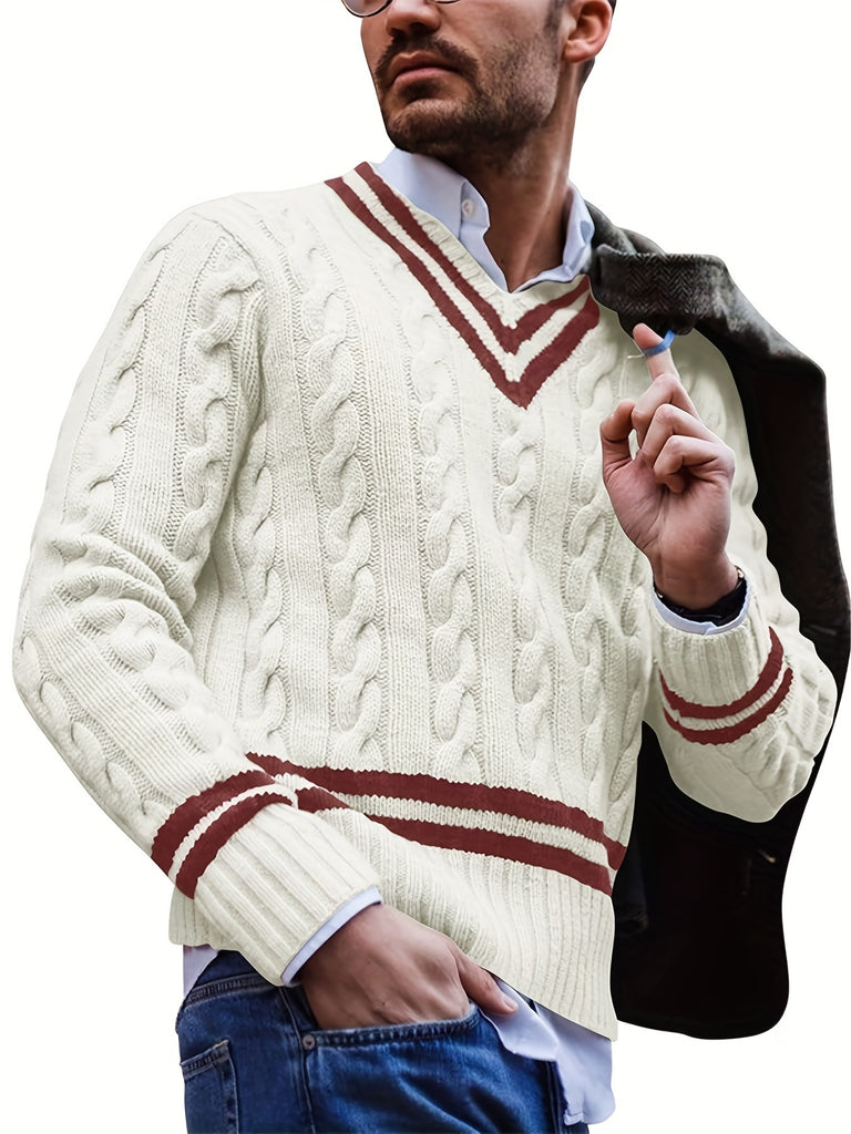 kkboxly  All Match Knitted Preppy Sweater, Men's Casual Warm High Stretch V Neck Pullover Sweater For Teenager Student Fall Winter