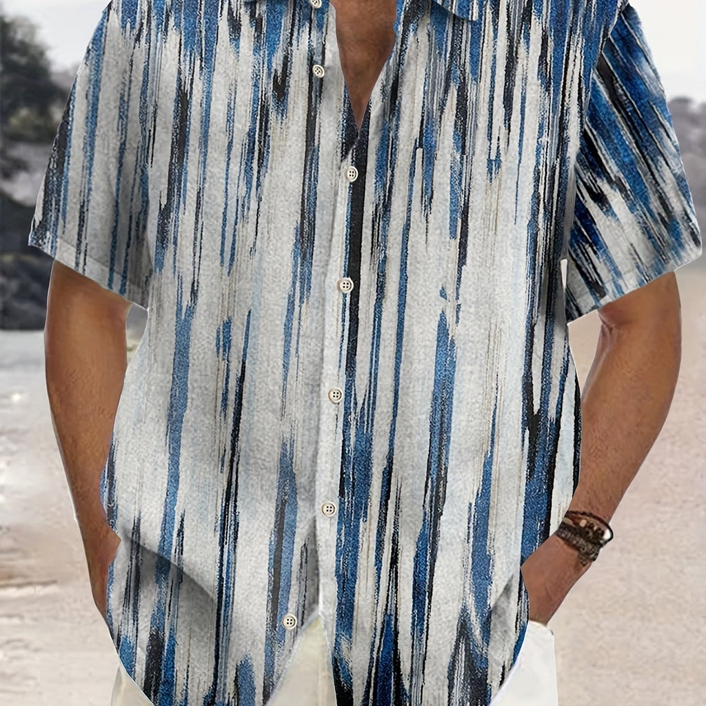 kkboxly  Plus Size Lapel Mens Hawaiian Shirt Gradient Stripe Pattern Button Down Shirts, Top Blouse Shirts, Short Sleeve, Button Down Dress Shirts
